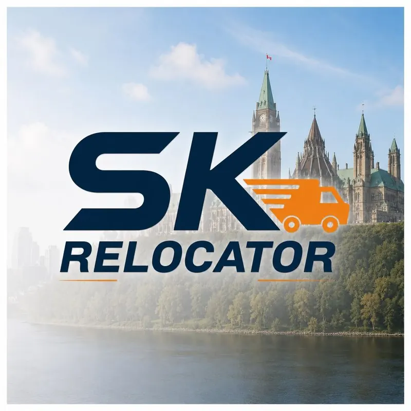 Logo SK Relocator devant la colline du Parlement à Ottawa